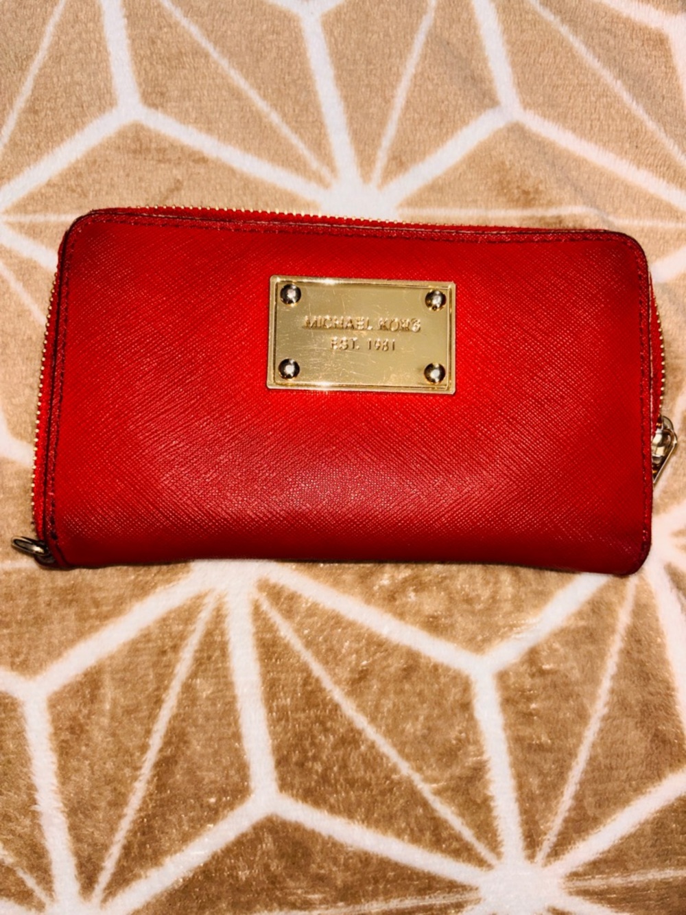 Michael Kors Red Saffiano Zip Wallet with Gold Plaque